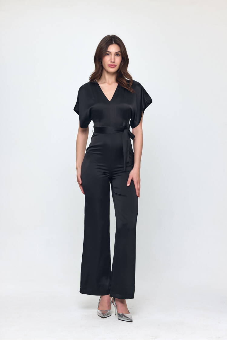 Nob Black Satin Belt Detailed Jumpsuit