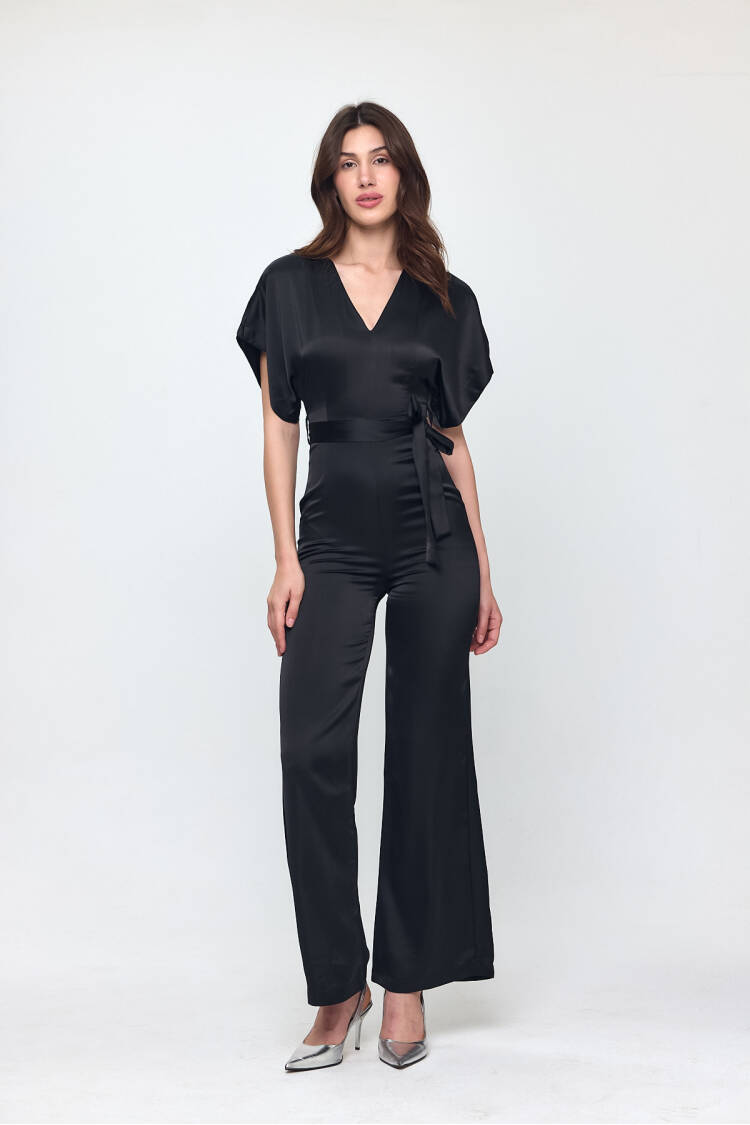 Nob Black Satin Belt Detailed Jumpsuit