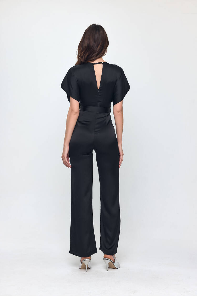 Nob Black Satin Belt Detailed Jumpsuit