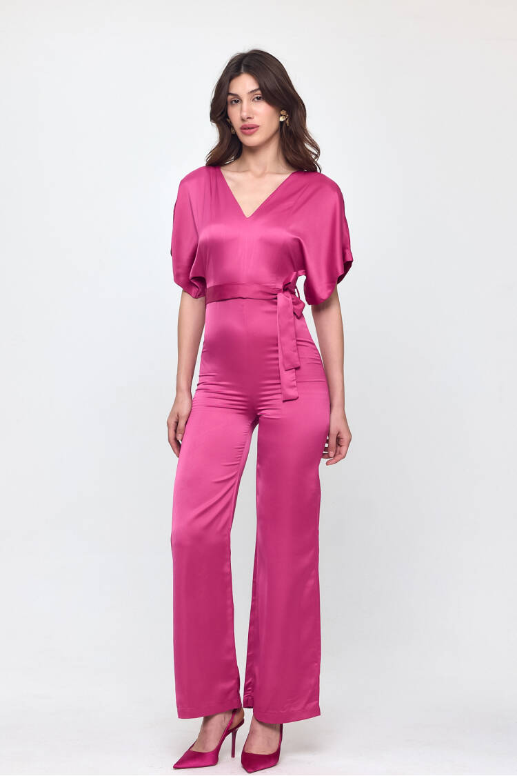 Nob Fuchsia Satin Belt Detailed Jumpsuit - Evable - Globality Store - Women Clothes Wholesale Turkey