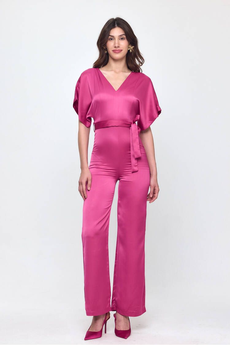 Nob Fuchsia Satin Belt Detailed Jumpsuit