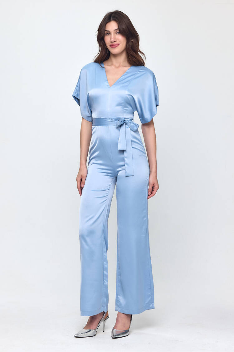 Nob Blue Satin Belt Detailed Jumpsuit - Evable - Globality Store - Women Clothes Wholesale Turkey