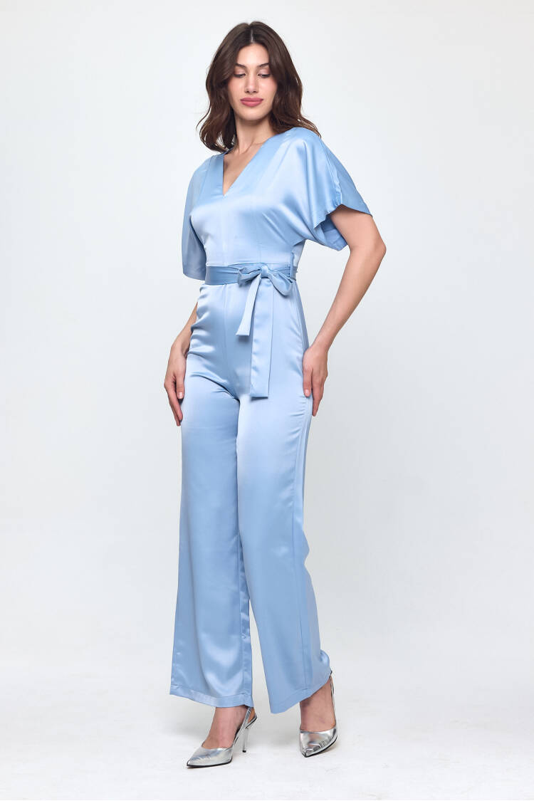Nob Blue Satin Belt Detailed Jumpsuit