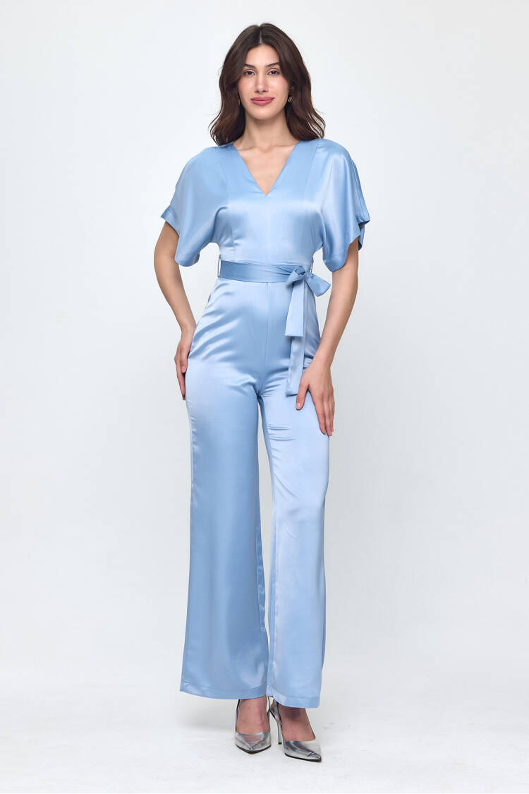 Nob Blue Satin Belt Detailed Jumpsuit