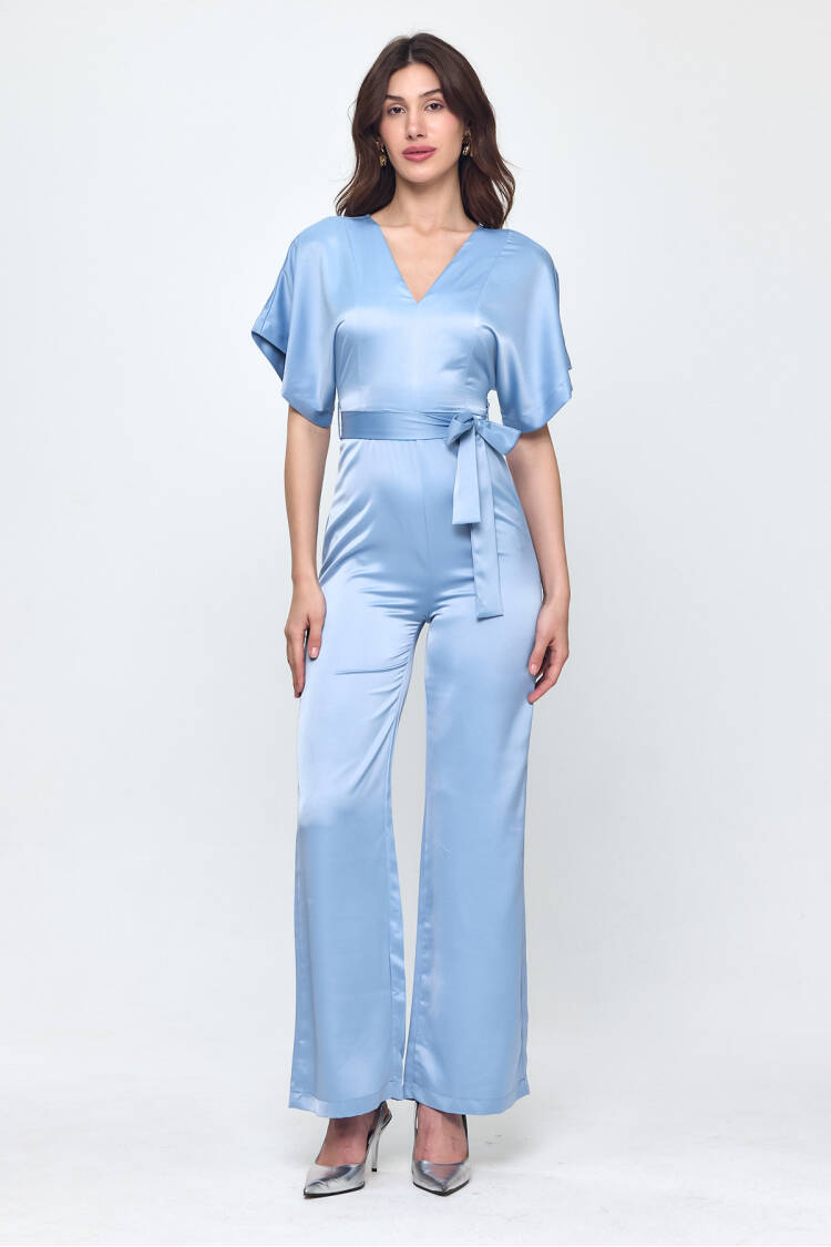 Nob Blue Satin Belt Detailed Jumpsuit
