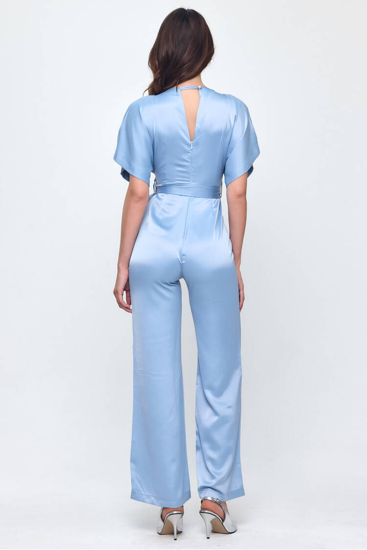 Nob Blue Satin Belt Detailed Jumpsuit