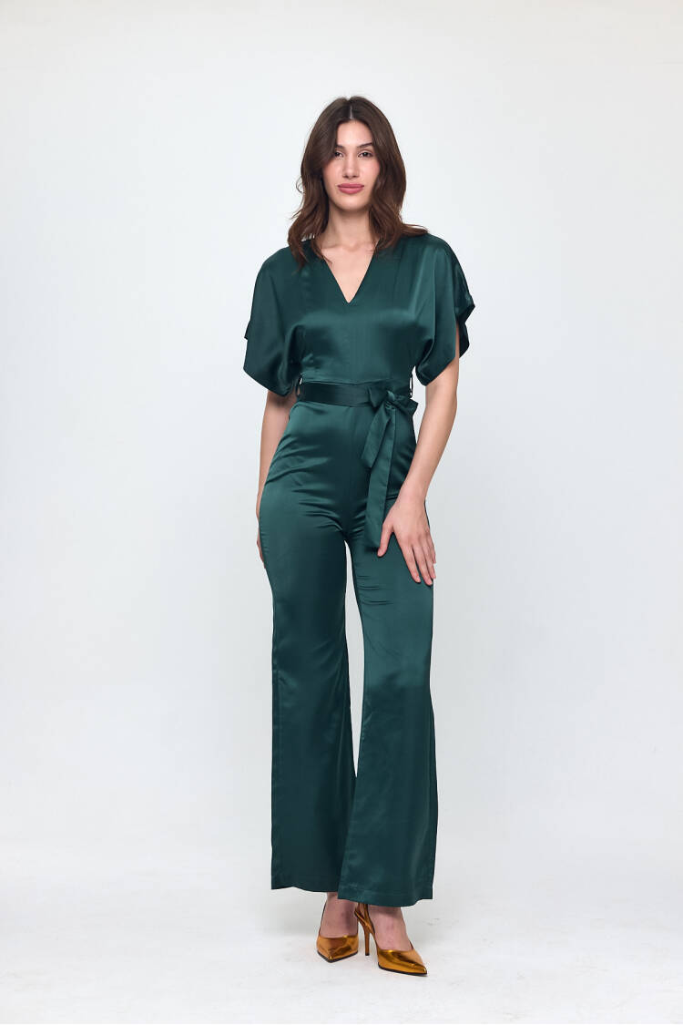 Nob Emerald Green Satin Belt Detailed Jumpsuit - Evable - Globality Store - Women Clothes Wholesale Turkey