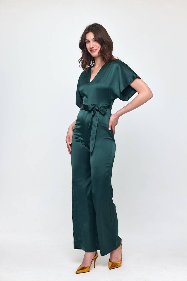 Nob Emerald Green Satin Belt Detailed Jumpsuit