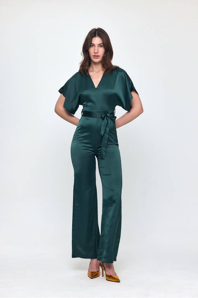 Nob Emerald Green Satin Belt Detailed Jumpsuit