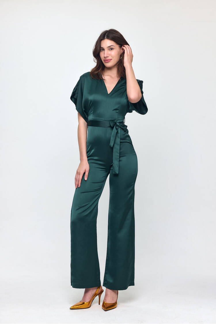 Nob Emerald Green Satin Belt Detailed Jumpsuit