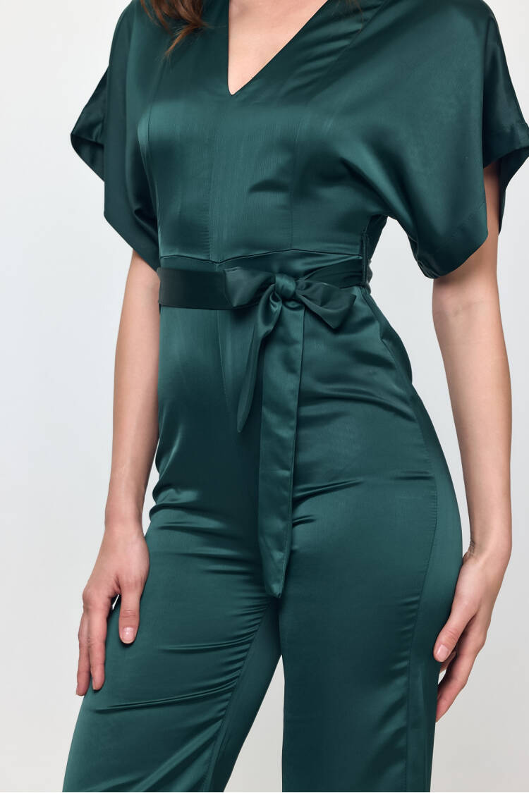 Nob Emerald Green Satin Belt Detailed Jumpsuit