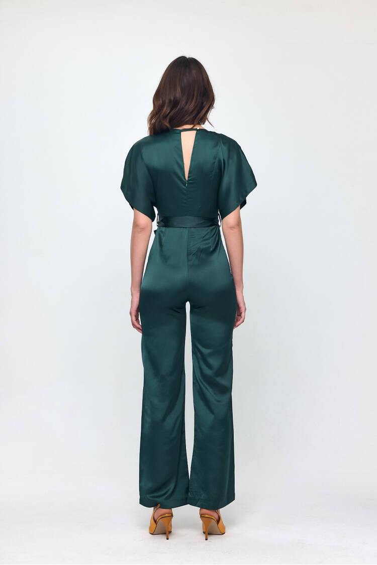 Nob Emerald Green Satin Belt Detailed Jumpsuit