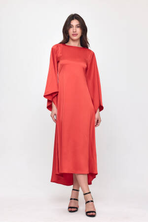 Nob Red Satin Bat Sleeve Long Dress - Evable - Globality Store - Women Clothes Wholesale Turkey