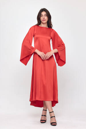 Nob Red Satin Bat Sleeve Long Dress - Evable - Globality Store - Women Clothes Wholesale Turkey