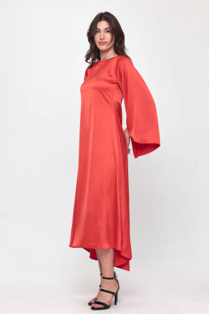 Nob Red Satin Bat Sleeve Long Dress - Evable - Globality Store - Women Clothes Wholesale Turkey