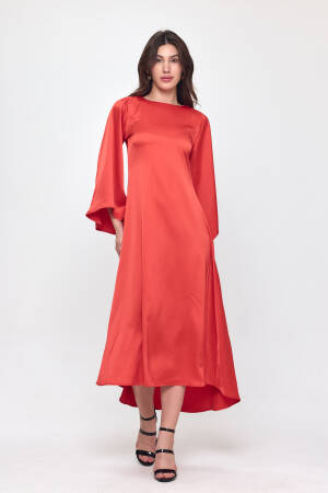 Nob Red Satin Bat Sleeve Long Dress - Evable - Globality Store - Women Clothes Wholesale Turkey