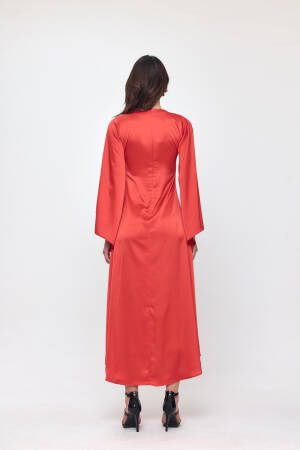 Nob Red Satin Bat Sleeve Long Dress - Evable - Globality Store - Women Clothes Wholesale Turkey