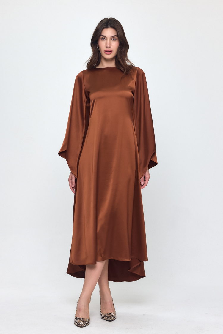 Nob Brown Satin Bat Sleeve Long Dress - Evable - Globality Store - Women Clothes Wholesale Turkey