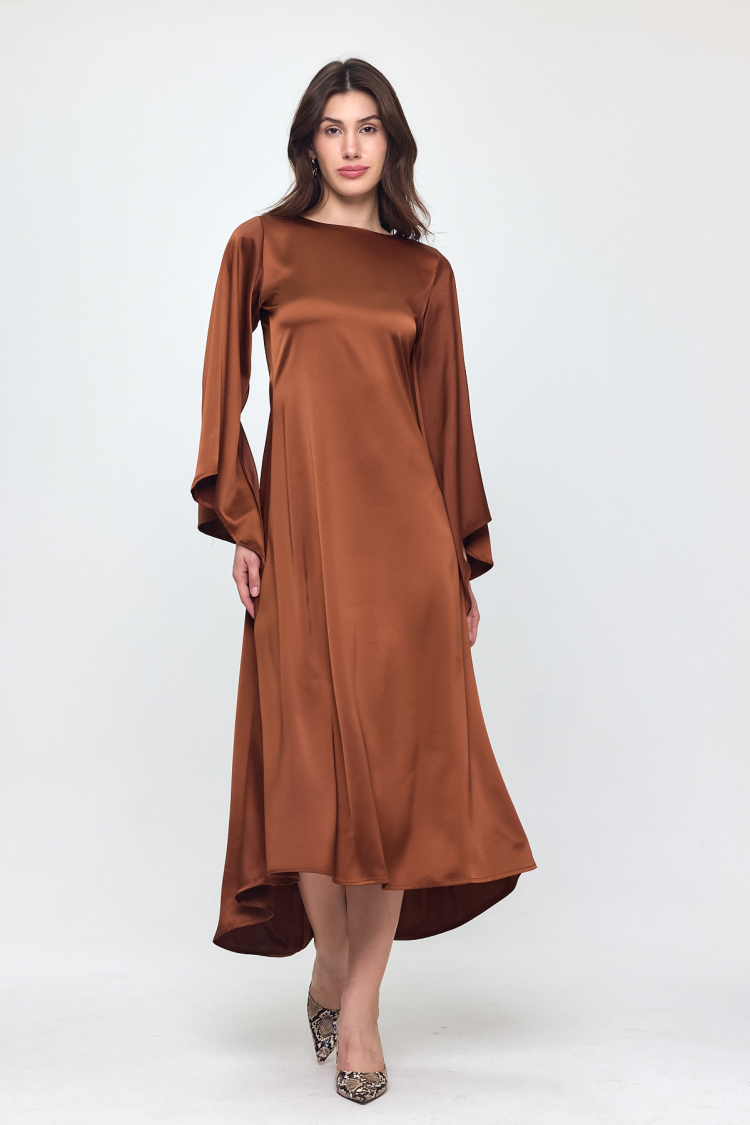 Nob Brown Satin Bat Sleeve Long Dress