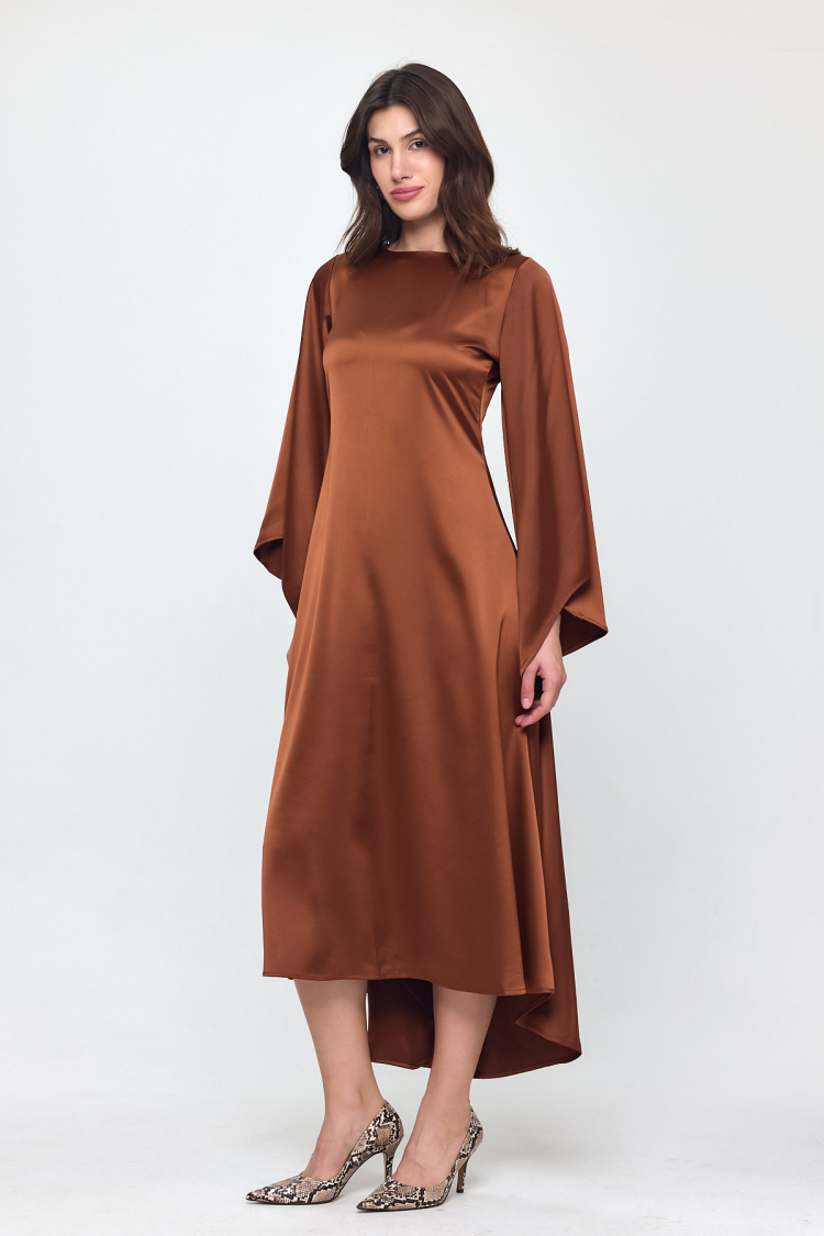 Nob Brown Satin Bat Sleeve Long Dress