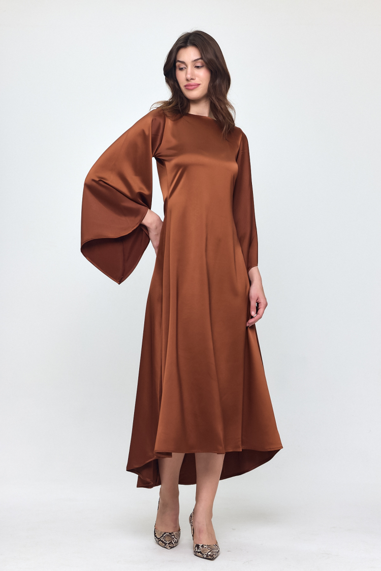 Nob Brown Satin Bat Sleeve Long Dress