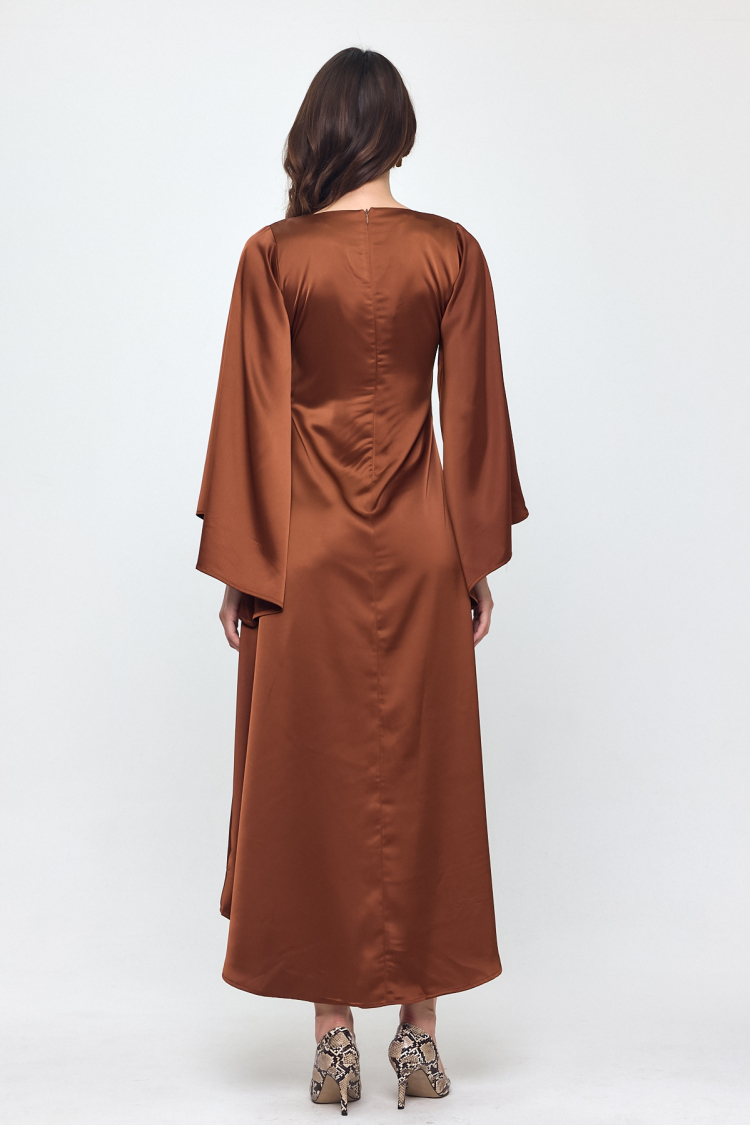 Nob Brown Satin Bat Sleeve Long Dress