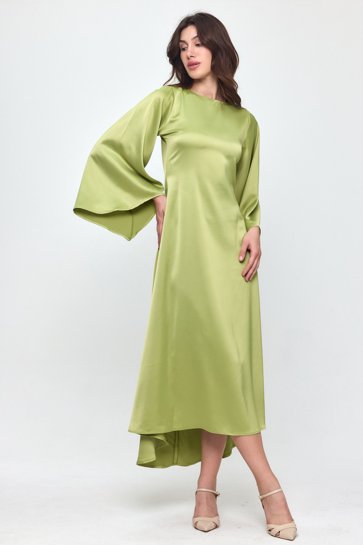 Nob Green Satin Bat Sleeve Long Dress - Evable - Globality Store - Women Clothes Wholesale Turkey