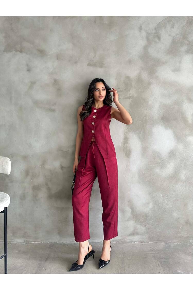 Gold Buttoned Vest Pleated Trousers Set - Burgundy - Radica Fashion - Globality Store - Women Clothes Wholesale Turkey