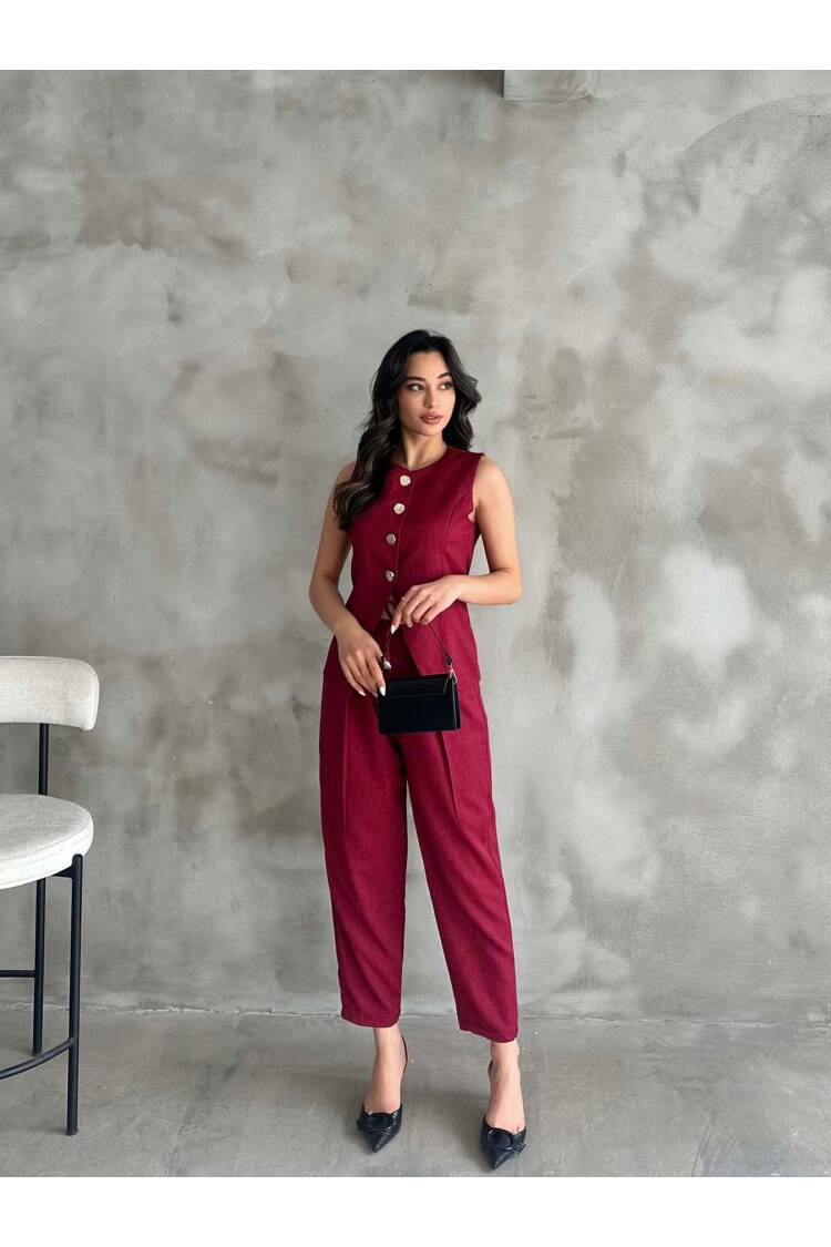 Gold Buttoned Vest Pleated Trousers Set - Burgundy