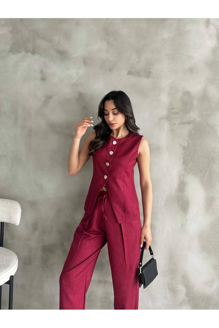 Gold Buttoned Vest Pleated Trousers Set - Burgundy