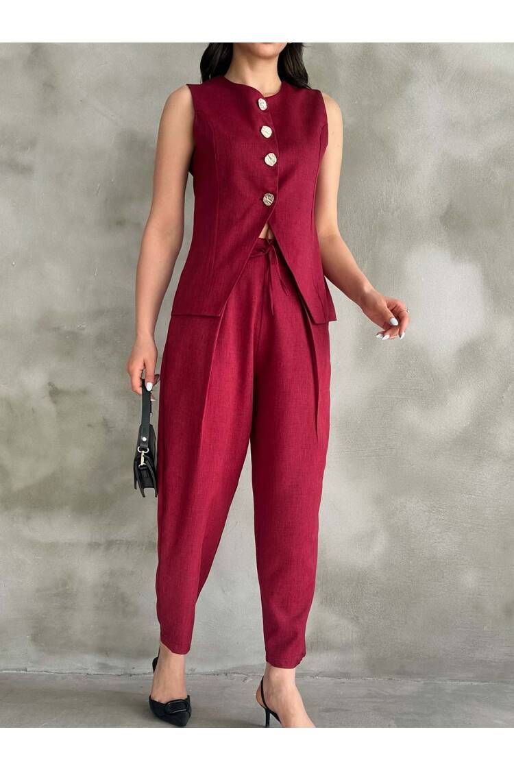 Gold Buttoned Vest Pleated Trousers Set - Burgundy