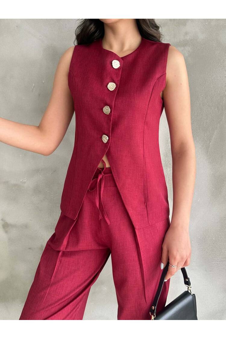 Gold Buttoned Vest Pleated Trousers Set - Burgundy