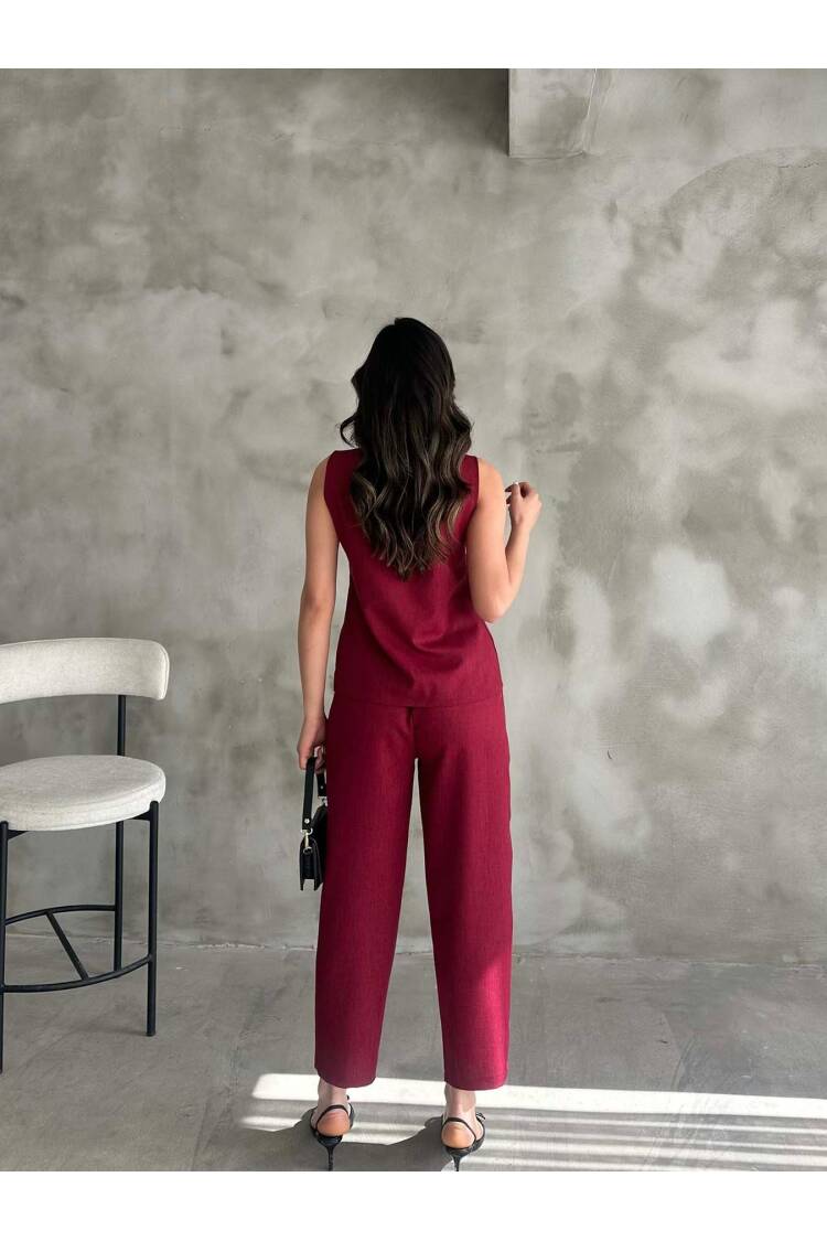 Gold Buttoned Vest Pleated Trousers Set - Burgundy