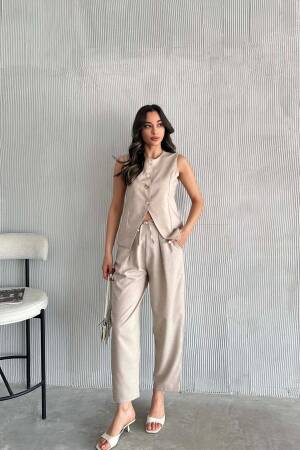 Gold Buttoned Vest Pleated Trousers Set - Beige - Radica Fashion - Globality Store - Women Clothes Wholesale Turkey