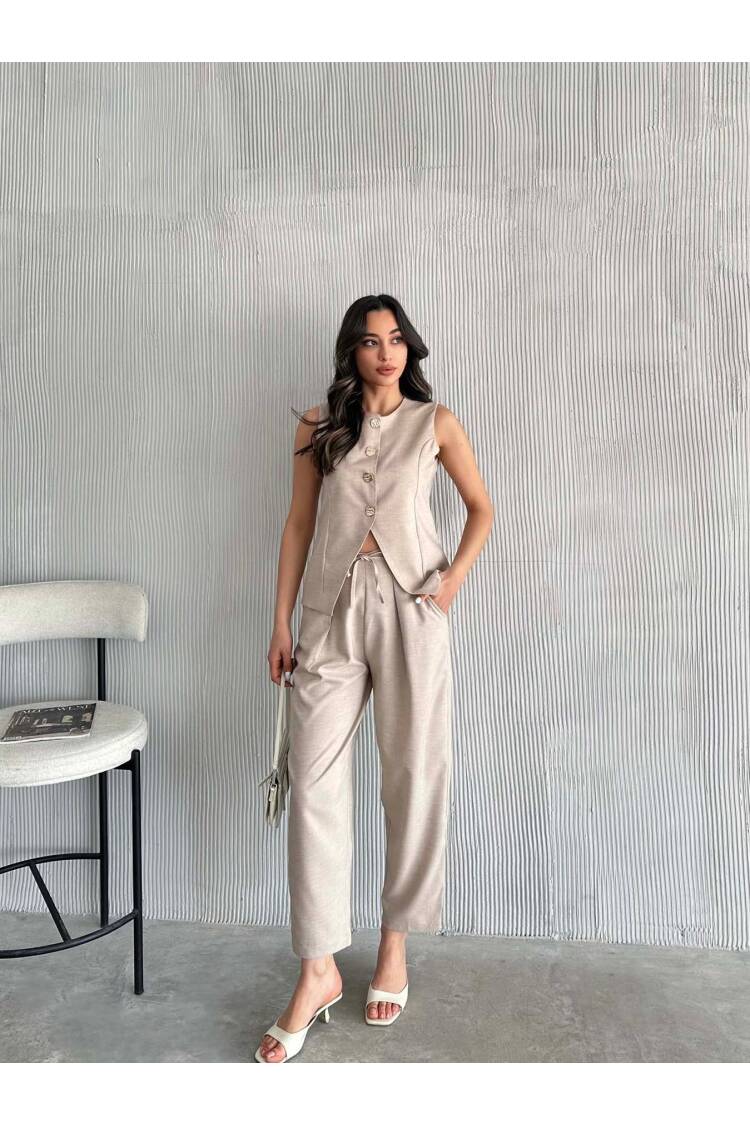Gold Buttoned Vest Pleated Trousers Set - Beige - Radica Fashion - Globality Store - Women Clothes Wholesale Turkey
