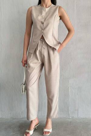 Gold Buttoned Vest Pleated Trousers Set - Beige - Radica Fashion - Globality Store - Women Clothes Wholesale Turkey