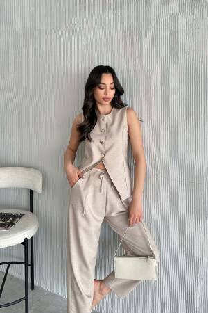 Gold Buttoned Vest Pleated Trousers Set - Beige - Radica Fashion - Globality Store - Women Clothes Wholesale Turkey