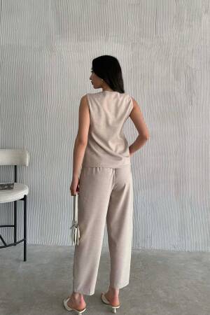 Gold Buttoned Vest Pleated Trousers Set - Beige - Radica Fashion - Globality Store - Women Clothes Wholesale Turkey
