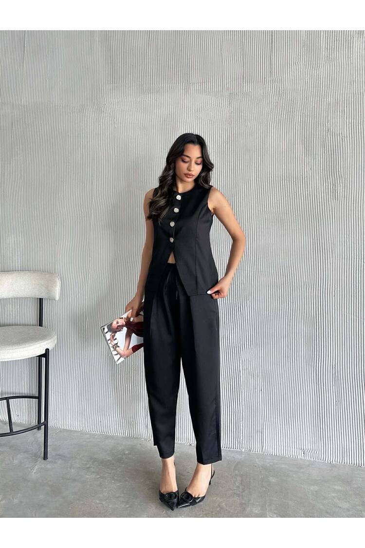 Gold Buttoned Vest Pleated Pants Set - Black - Radica Fashion - Globality Store - Women Clothes Wholesale Turkey