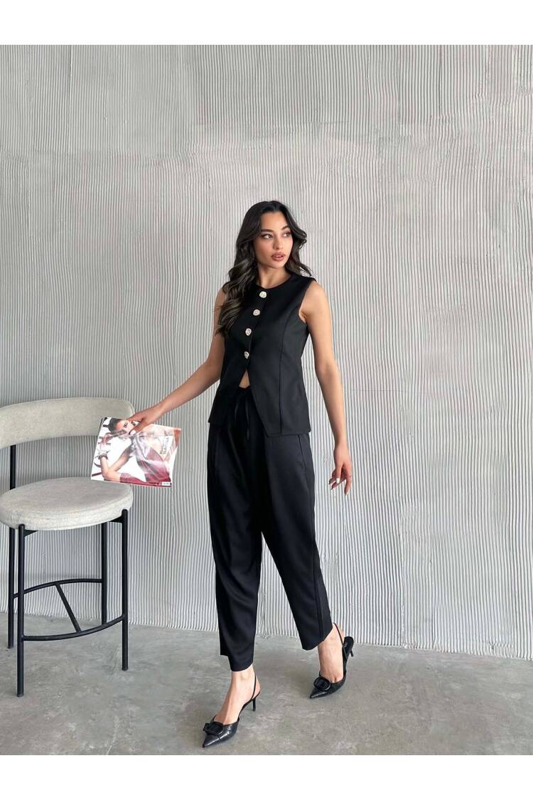 Gold Buttoned Vest Pleated Pants Set - Black