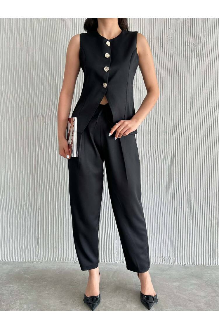 Gold Buttoned Vest Pleated Pants Set - Black