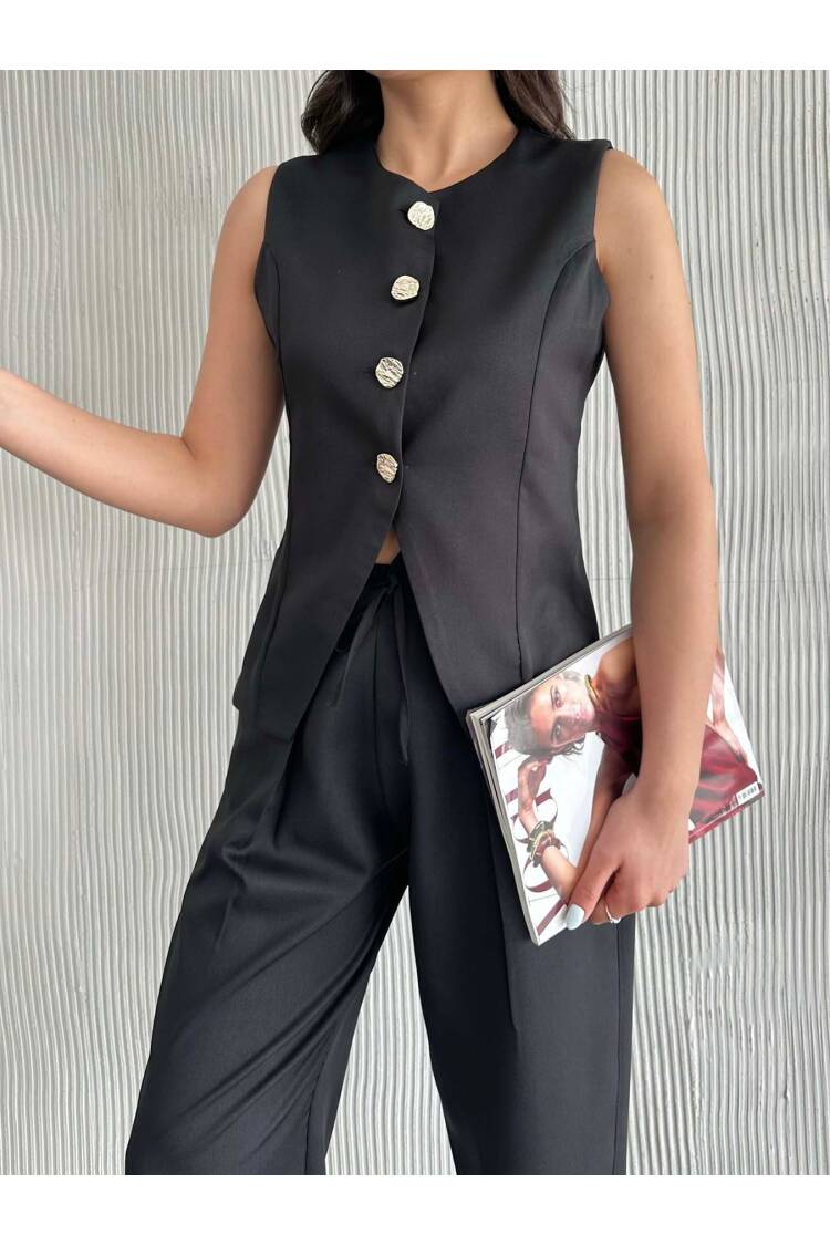 Gold Buttoned Vest Pleated Pants Set - Black
