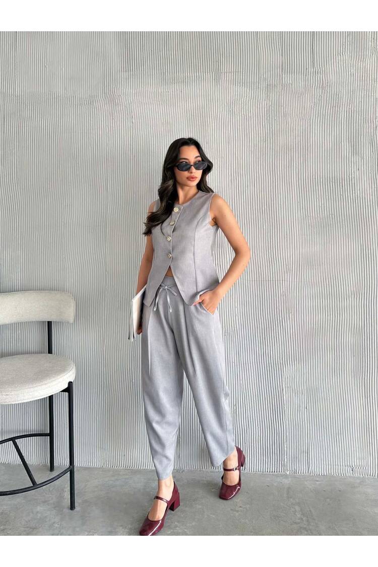 Gold Buttoned Vest Pleated Trousers Suit - Grey - Radica Fashion - Globality Store - Women Clothes Wholesale Turkey