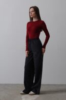 Wide Leg Pants With Elastic Waist - Navy-white - Reyon - Globality Store - Women Clothes Wholesale Turkey