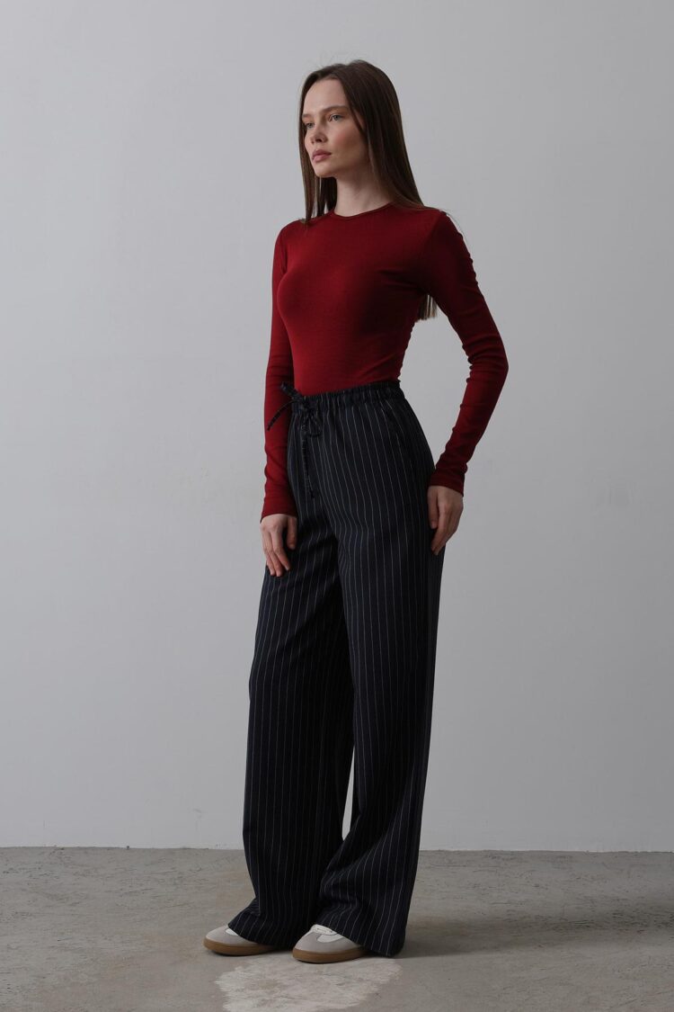Wide Leg Pants With Elastic Waist - Navy-white