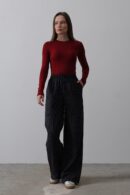Wide Leg Pants With Elastic Waist - Navy-white - Reyon - Globality Store - Women Clothes Wholesale Turkey