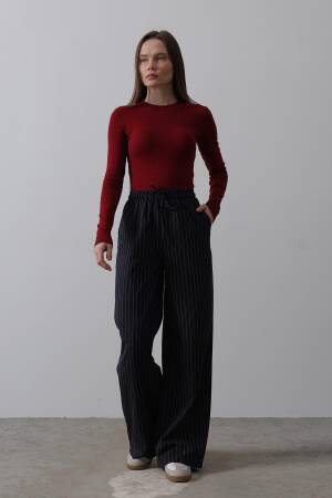 Wide Leg Pants With Elastic Waist - Navy-white - Reyon - Globality Store - Women Clothes Wholesale Turkey