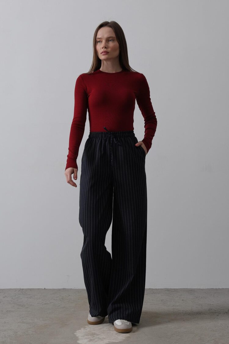 Wide Leg Pants With Elastic Waist - Navy-white - Reyon - Globality Store - Women Clothes Wholesale Turkey