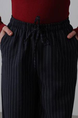 Wide Leg Pants With Elastic Waist - Navy-white - Reyon - Globality Store - Women Clothes Wholesale Turkey