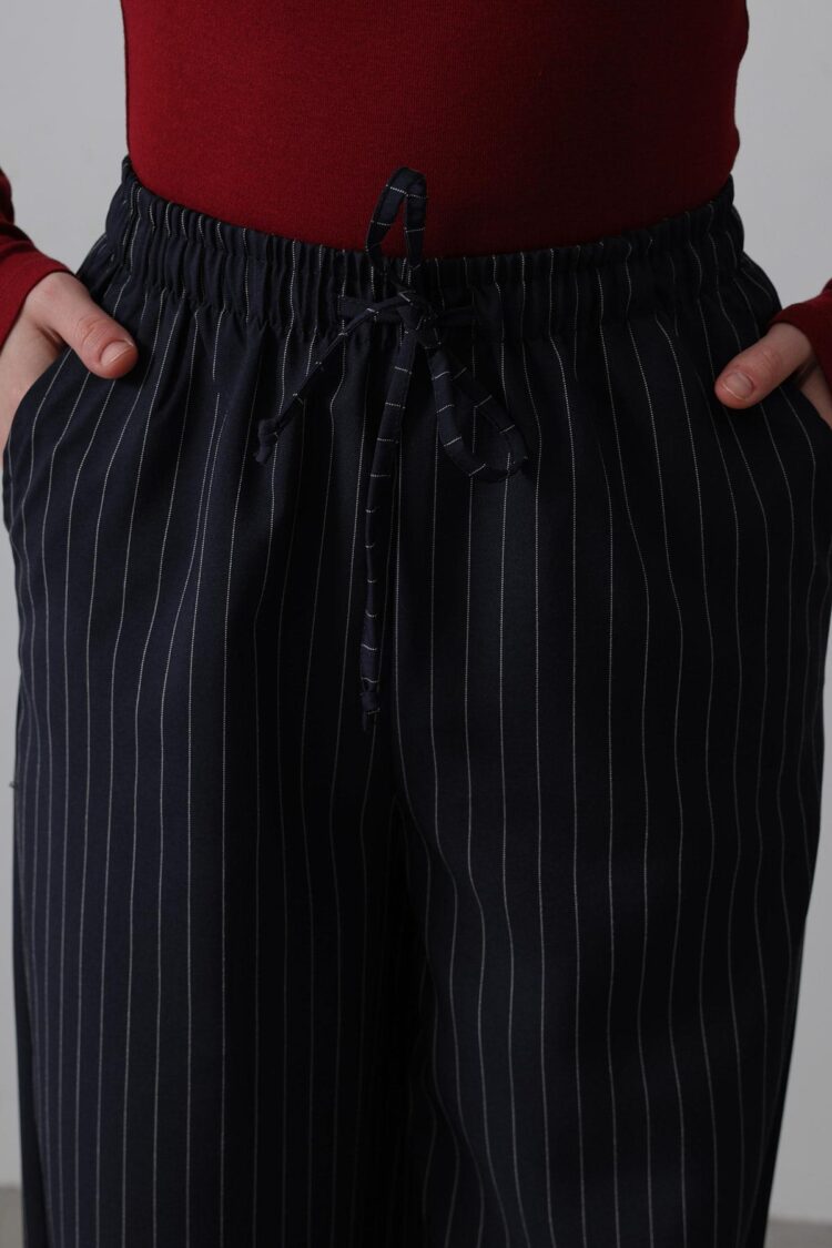 Wide Leg Pants With Elastic Waist - Navy-white